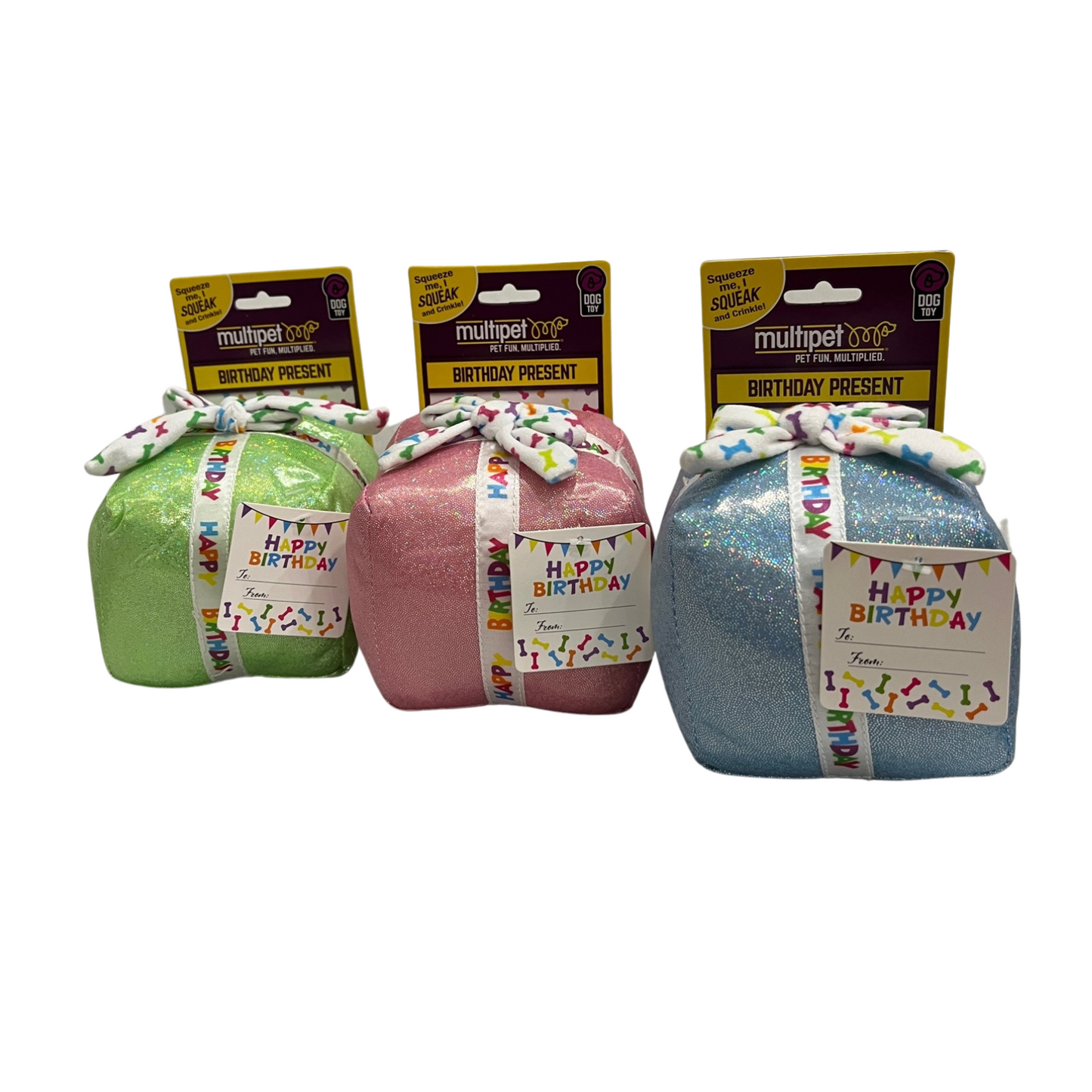 Multipet Present Birthday Dog Toy- Available in Pink, Blue, or Green