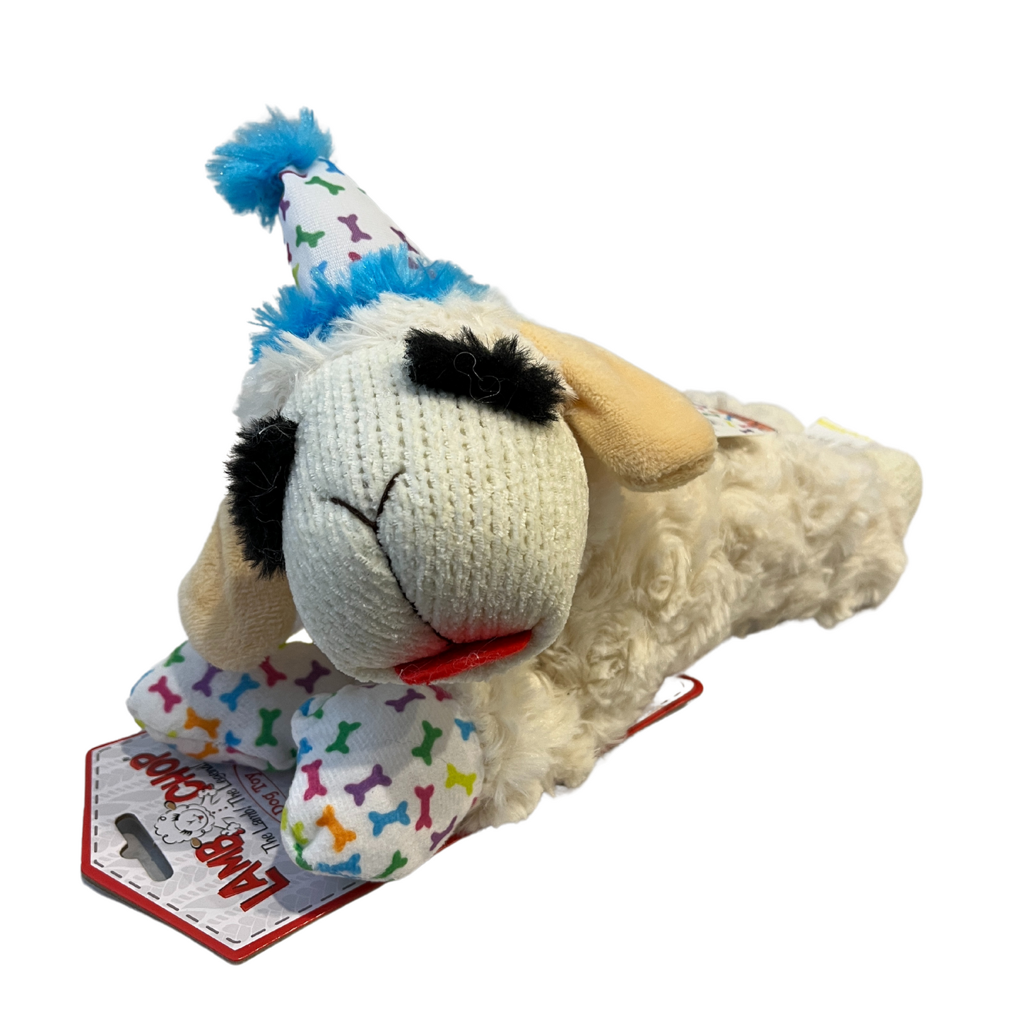 Birthday Lamb Chop Dog Toy with Pink or Blue Hat 10.5"