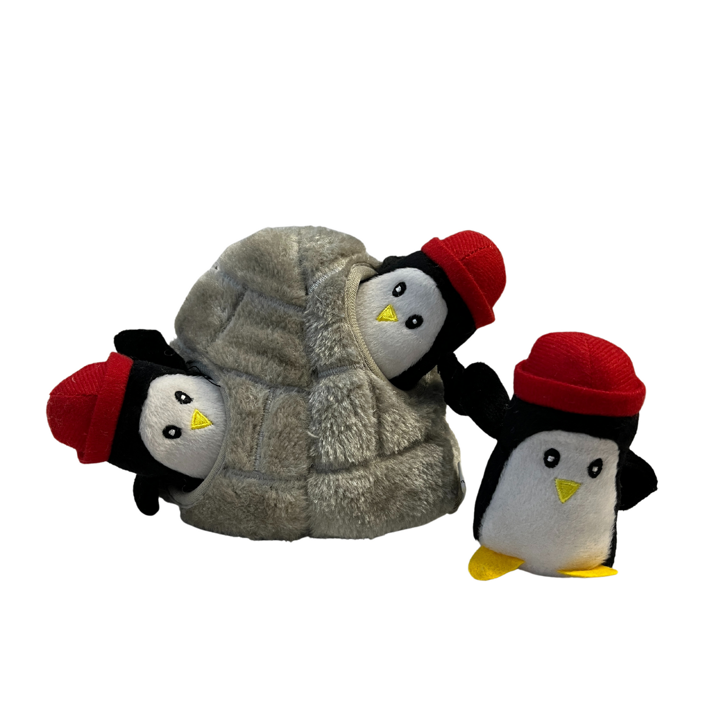 Zippy Paws- Igloo with Penguins Interactive Dog Toy. Three small plush penguins in red snow cap peaking out of grey plush igloo.