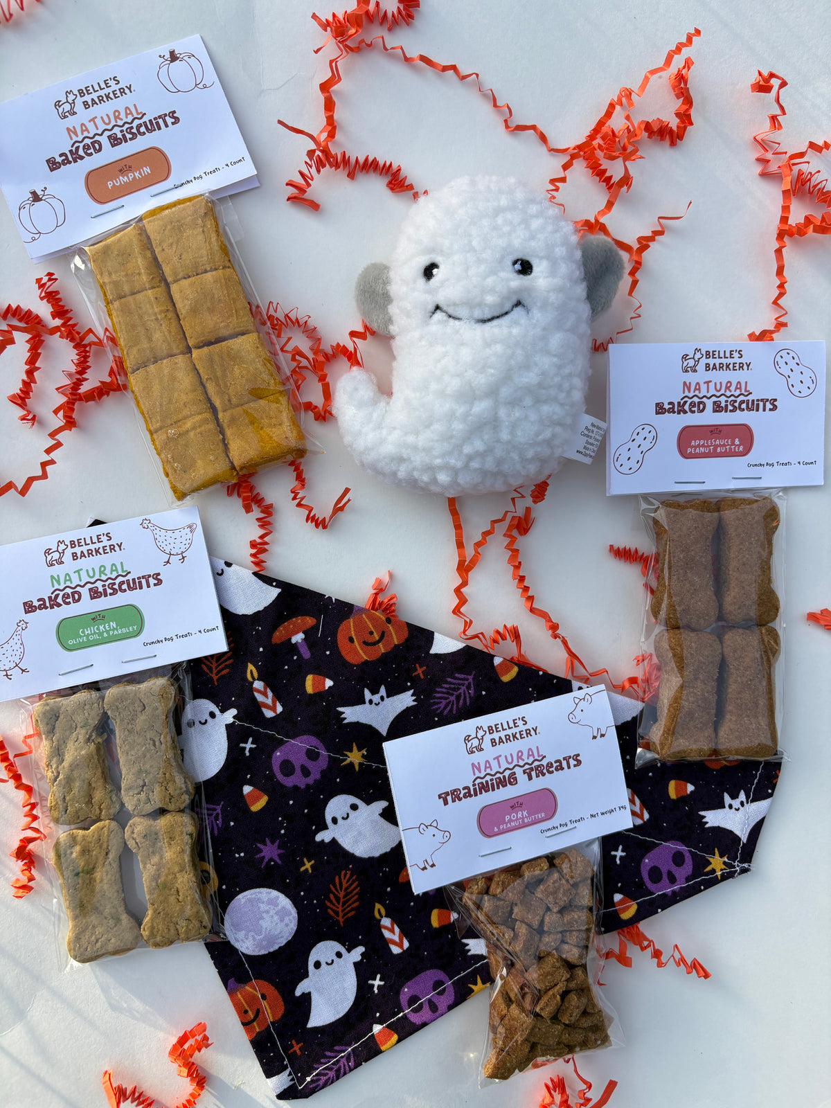 Halloween Bundle- Toy, Handmade Bandana, & Treats for Dogs