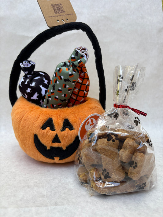 Halloween dog toy basket with treats