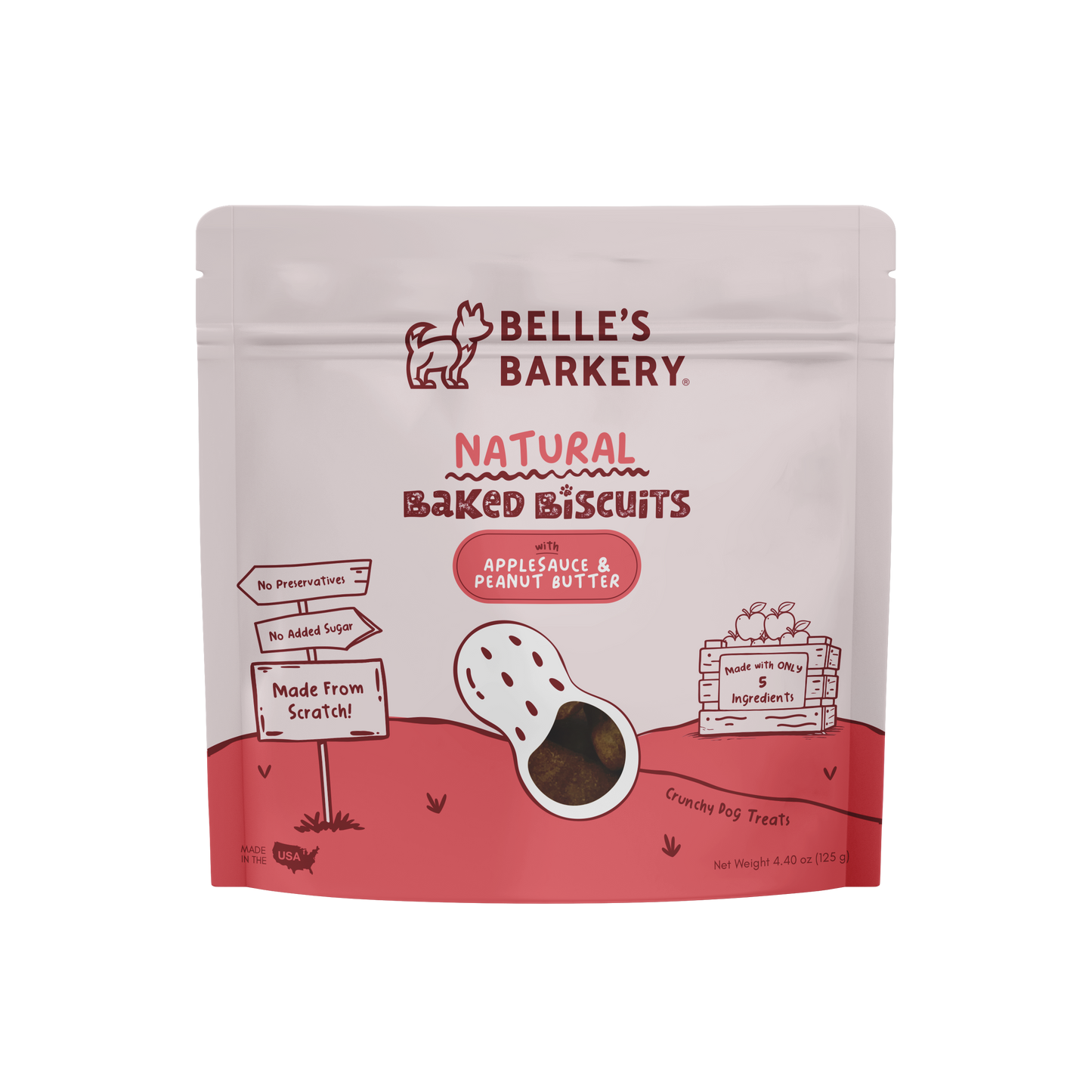 Package of Belle's Barkery Natural Baked Biscuits on a white background