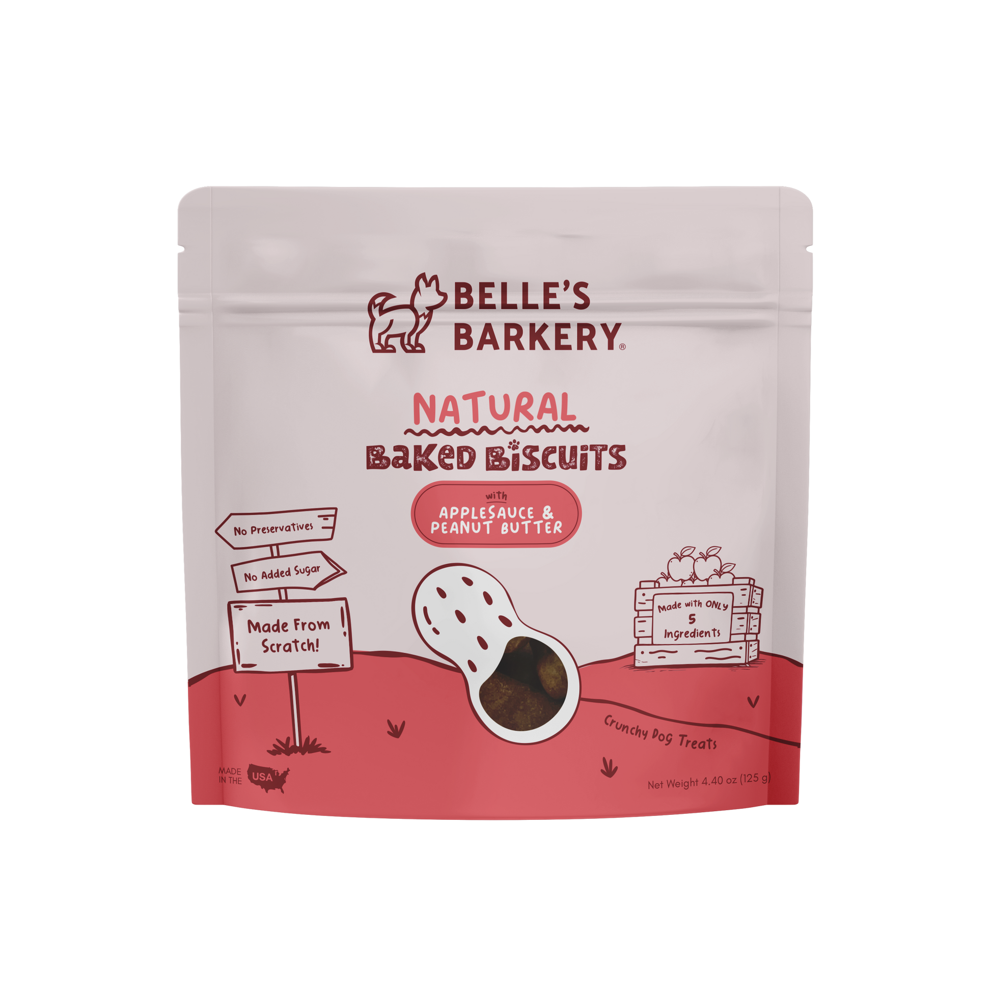 Package of Belle's Barkery Natural Baked Biscuits on a white background