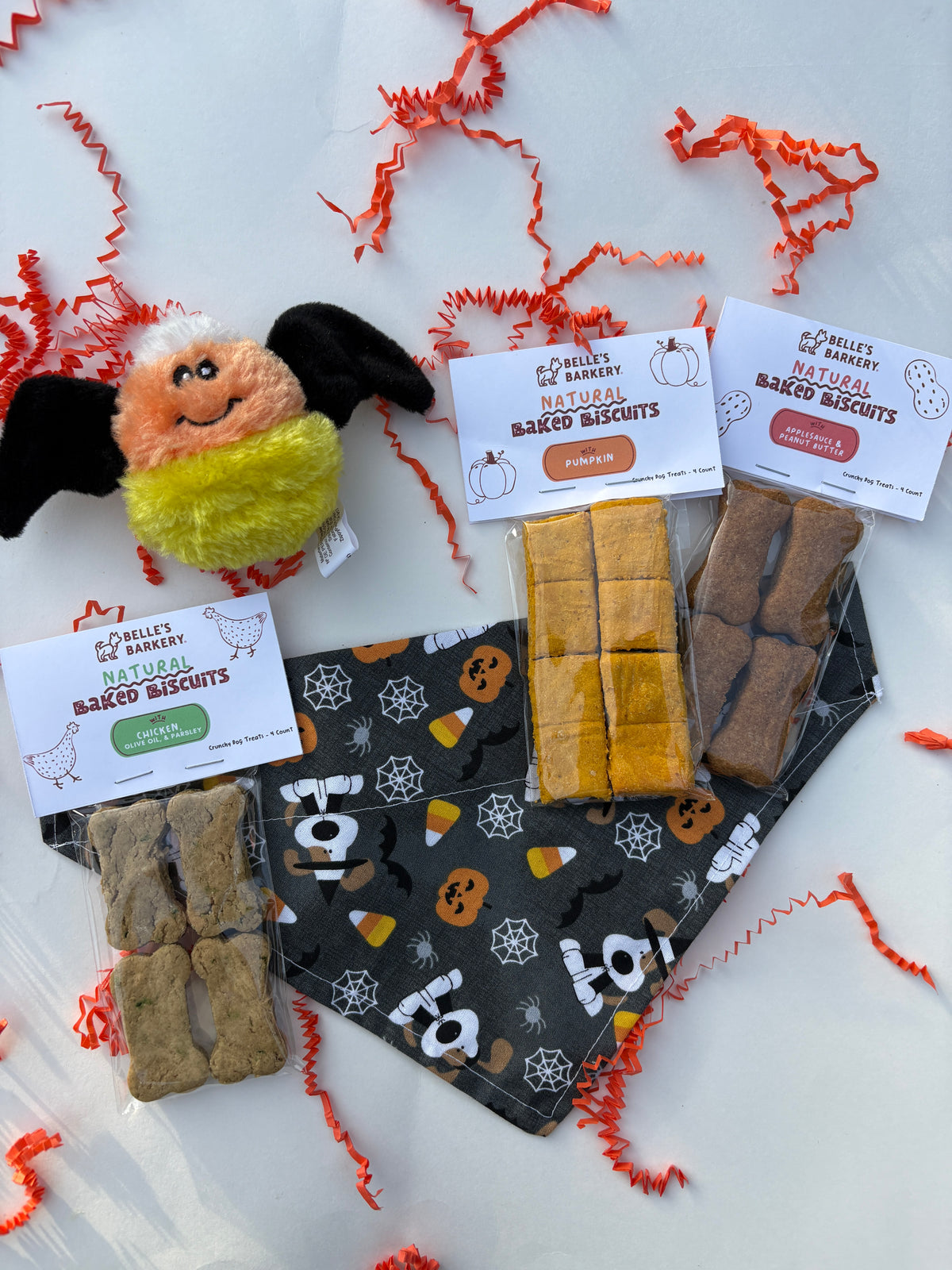 Halloween Bundle- Toy, Handmade Bandana, & Treats for Dogs
