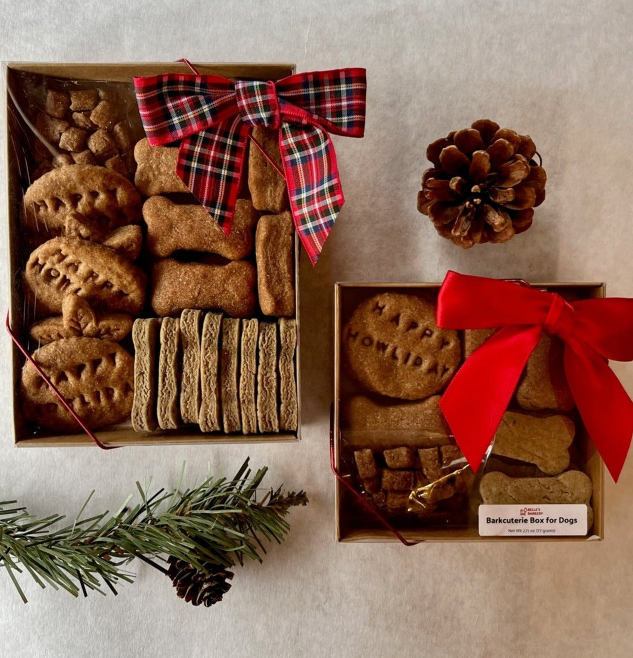 Large Barkcuterie Box with plaid bow & Small Barkcuterie Box with red bow