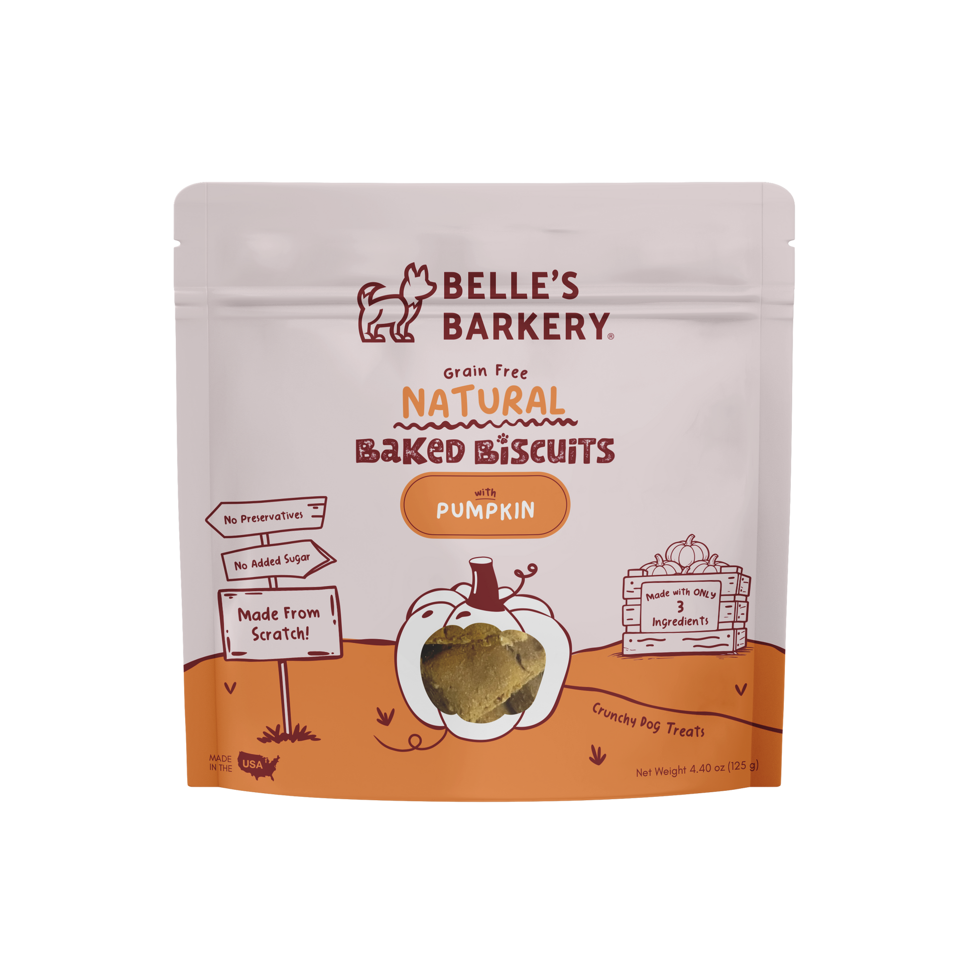 Package of Belle's Barkery natural baked biscuits on a white background