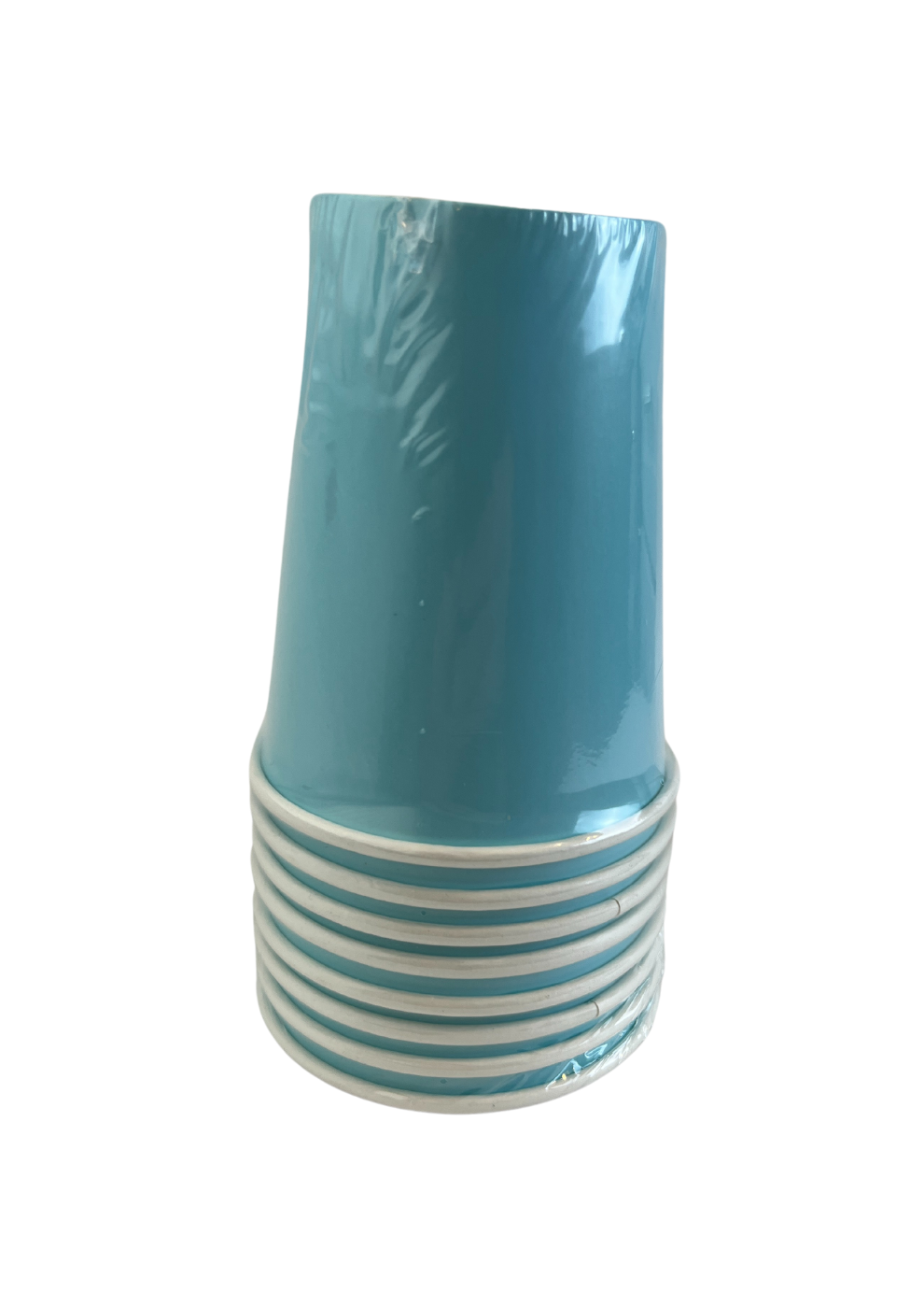 Stack of blue paper cups in packaging