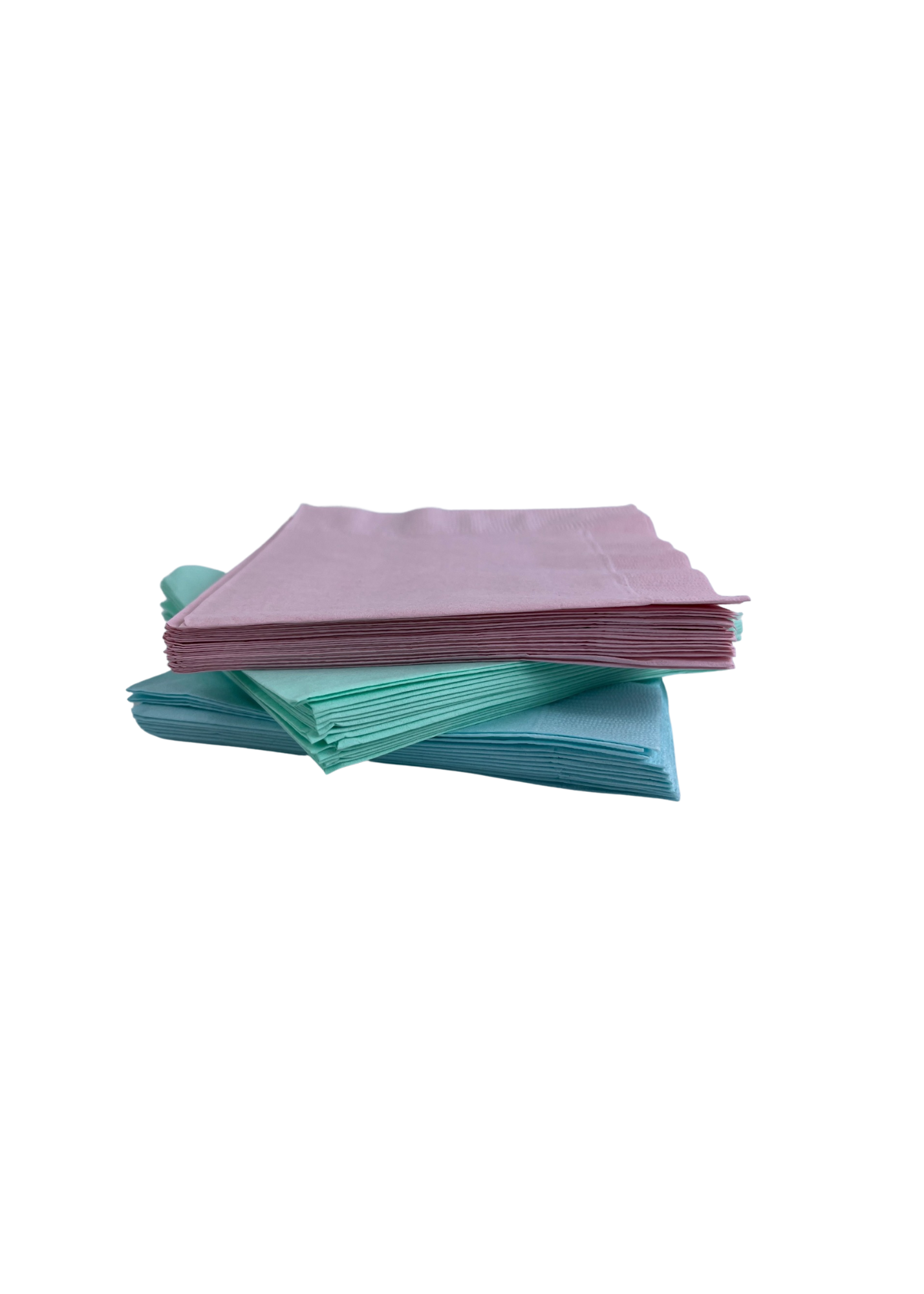 Stack of blue, green, and pink paper napkins.