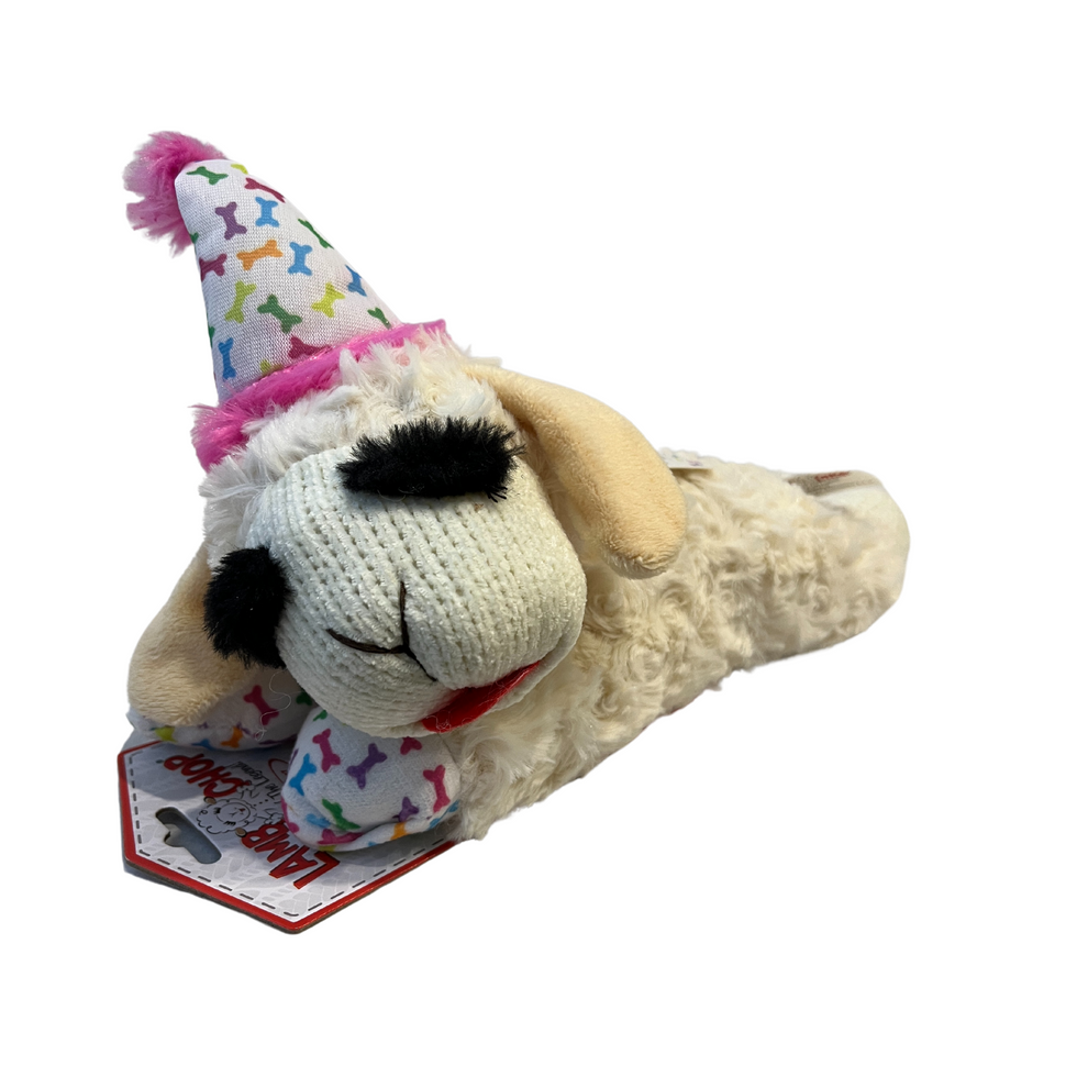 Multipet Birthday Lamb Chop Dog Toy with Pink or Blue Hat 10.5" Belle