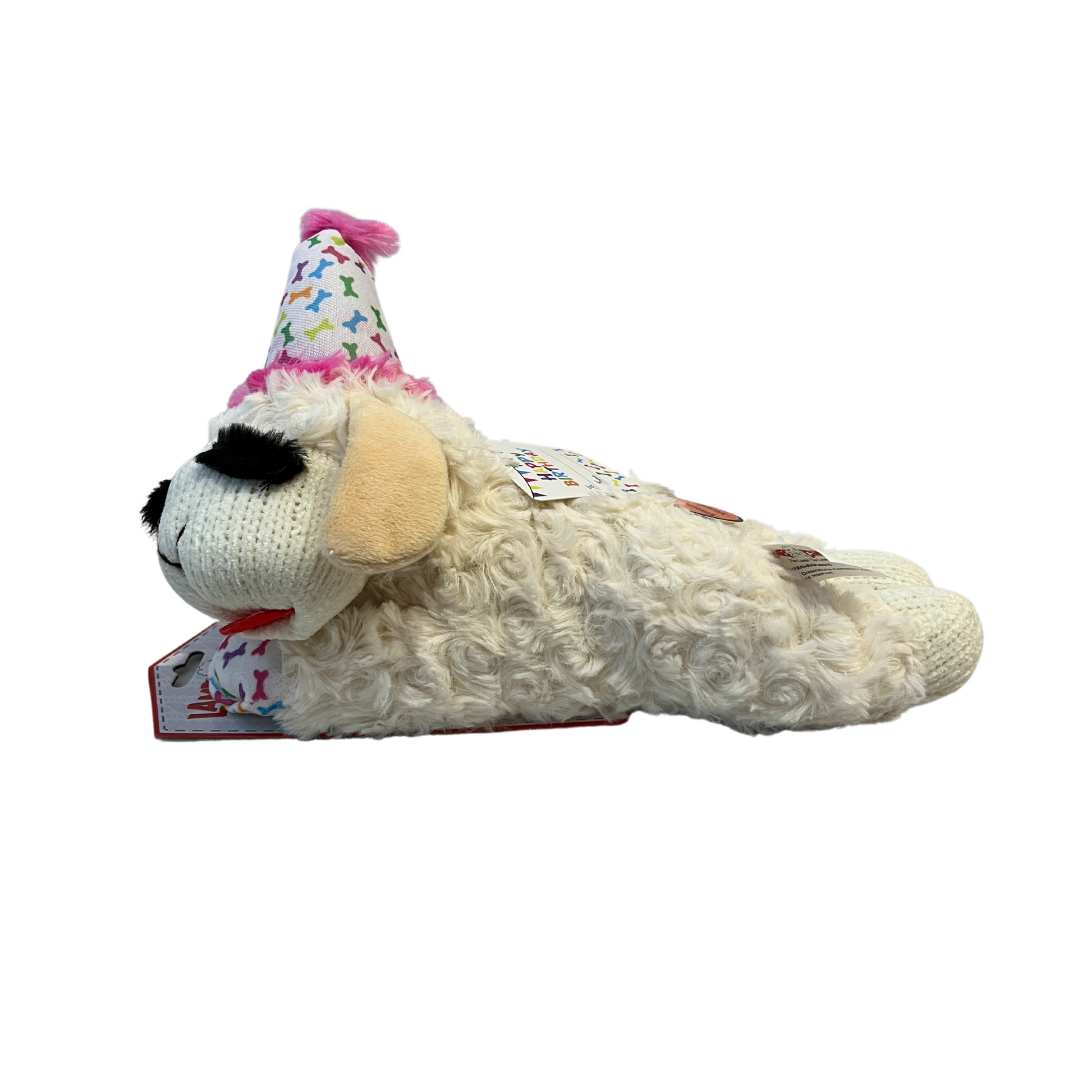 Side view of Multipet Birthday Lamb Chop Dog Toy with Pink Hat 10.5"