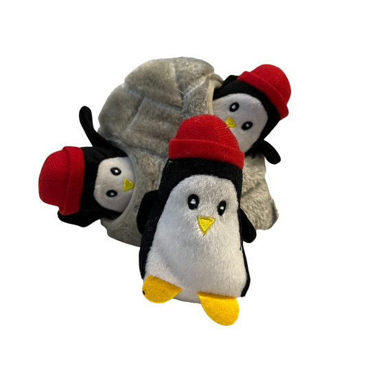 Zippy Paws- Igloo with Penguins Interactive Dog Toy.  Three small plush penguins in red snow cap peaking out of grey plush igloo.