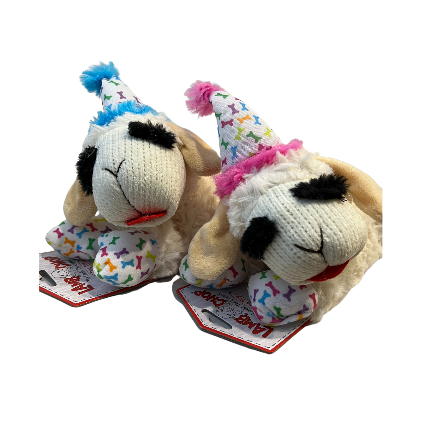 Multipet Birthday Lamb Chop Dog Toys with Hat 10.5".  Blue Hat and Pink Hat toys are featured.