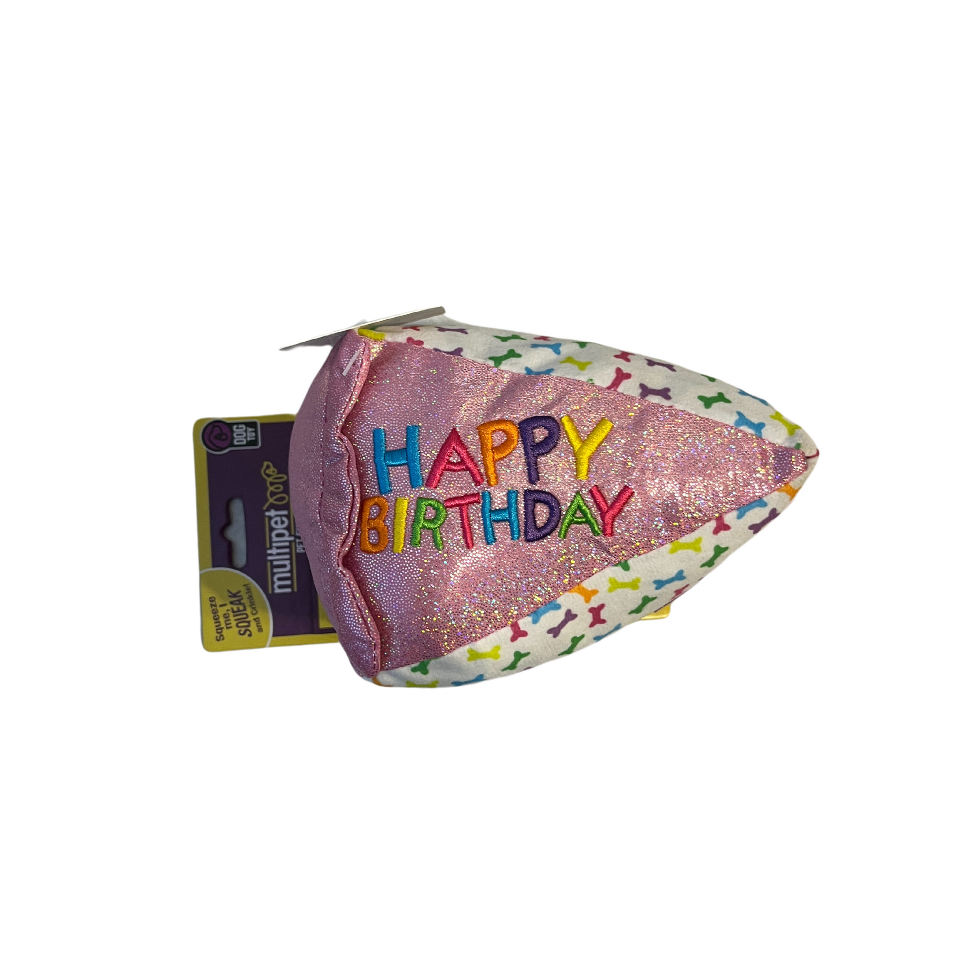 Top view of Multipet Pink Birthday Cake Slice Dog Toy. Top reads, "Happy Birthday". 