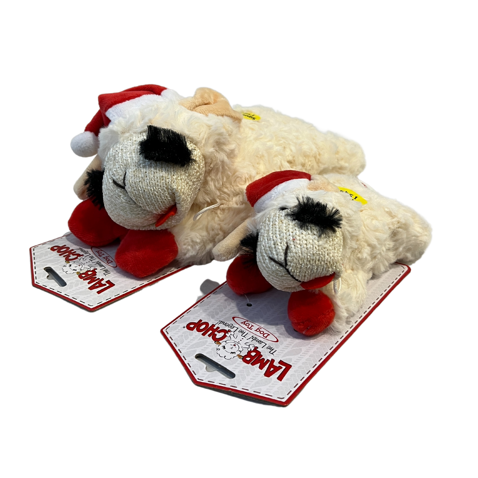 Multipet Holiday Lamb Chop Dog Toy with Santa Hat- 6" and 10.5" next to each other.